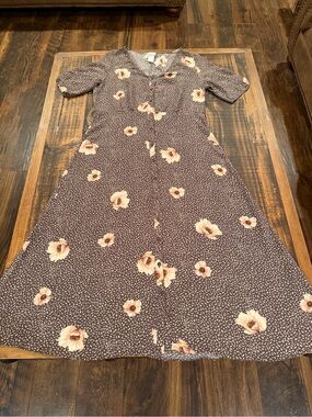 H&M Brown Midi Dress with Cream Floral Print